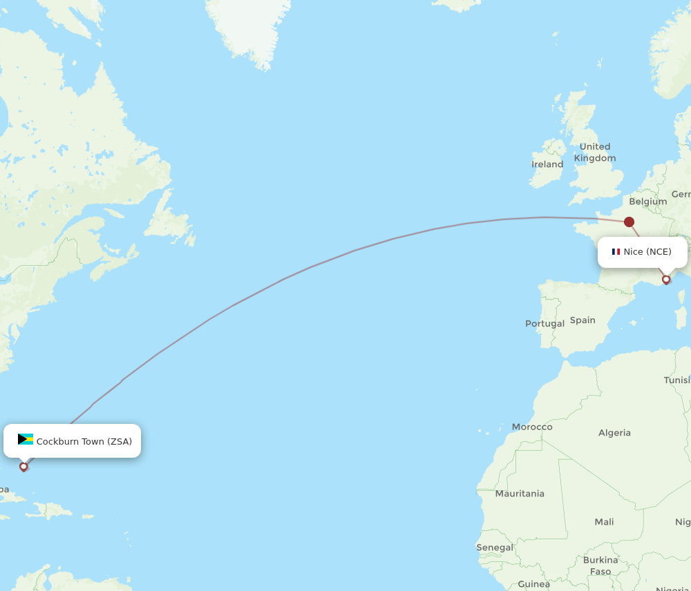NCE to ZSA flights and routes map