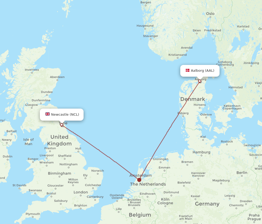 NCL to AAL flights and routes map