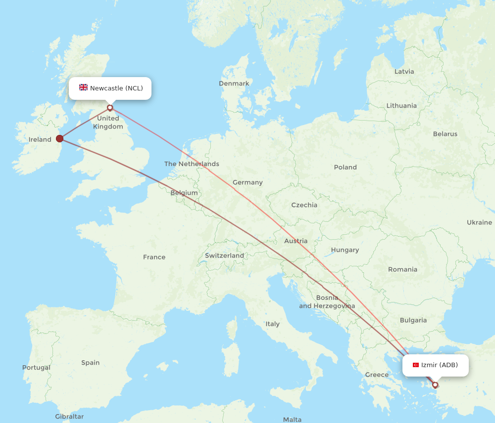 NCL to ADB flights and routes map