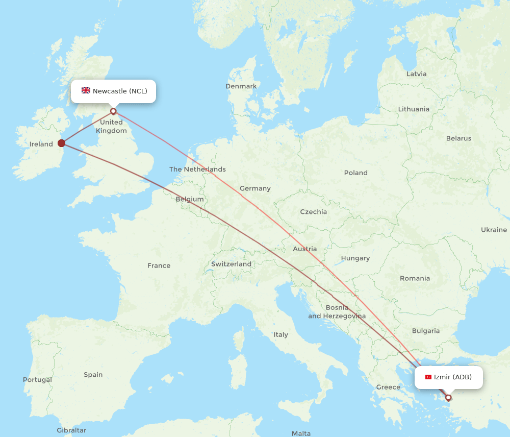 NCL-ADB flight routes