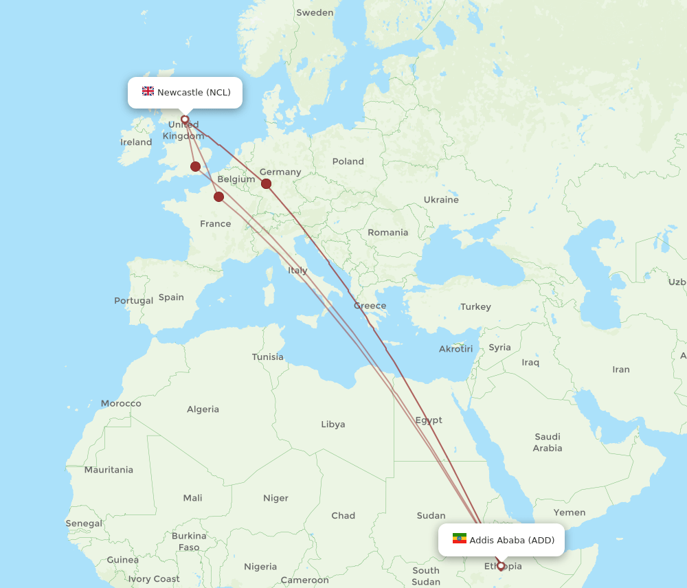 NCL-ADD flight routes