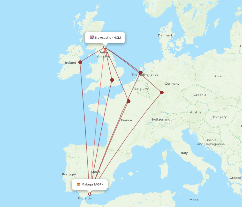 NCL to AGP flights and routes map