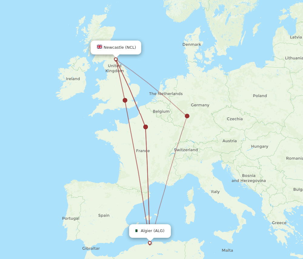 NCL to ALG flights and routes map