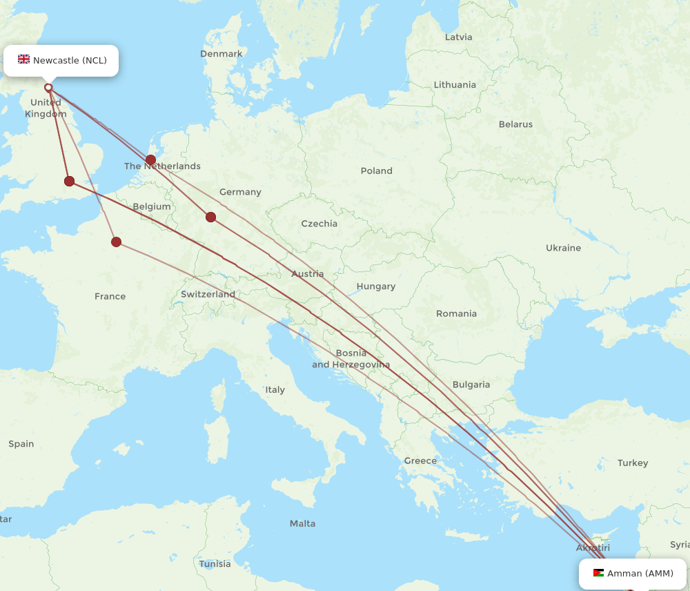 NCL-AMM flight routes