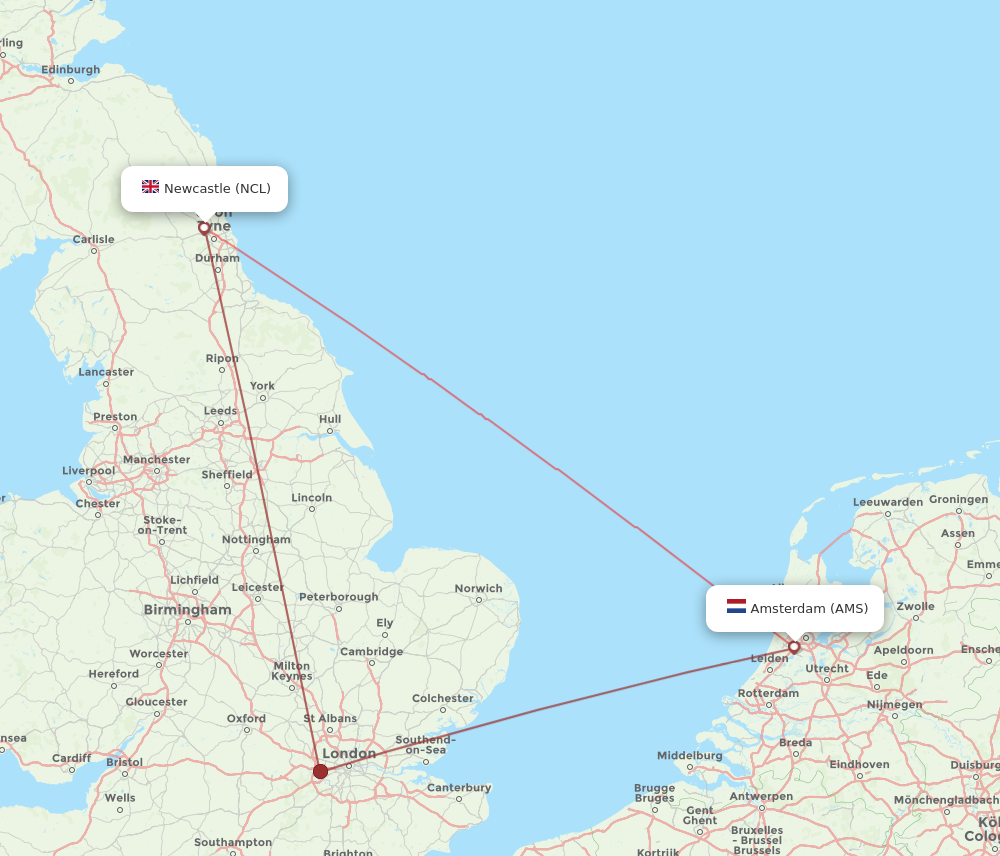 NCL to AMS flights and routes map