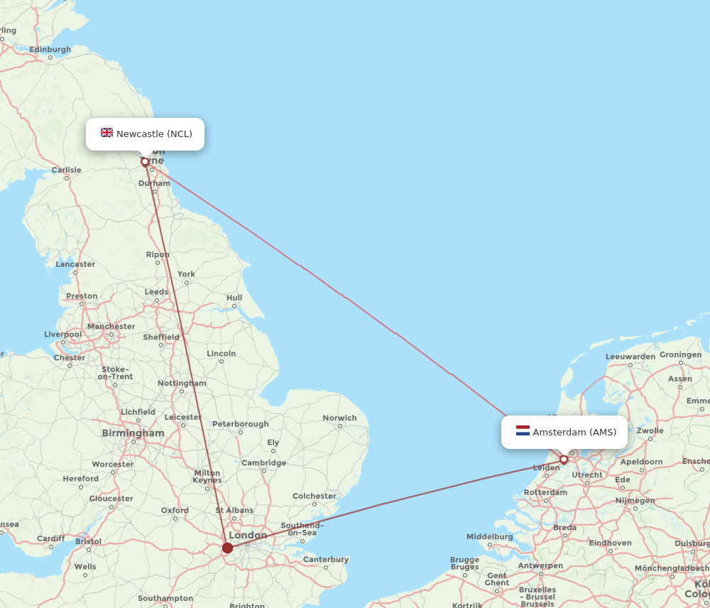 NCL to AMS flights and routes map