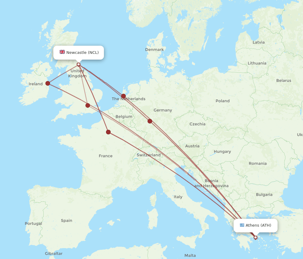 NCL to ATH flights and routes map