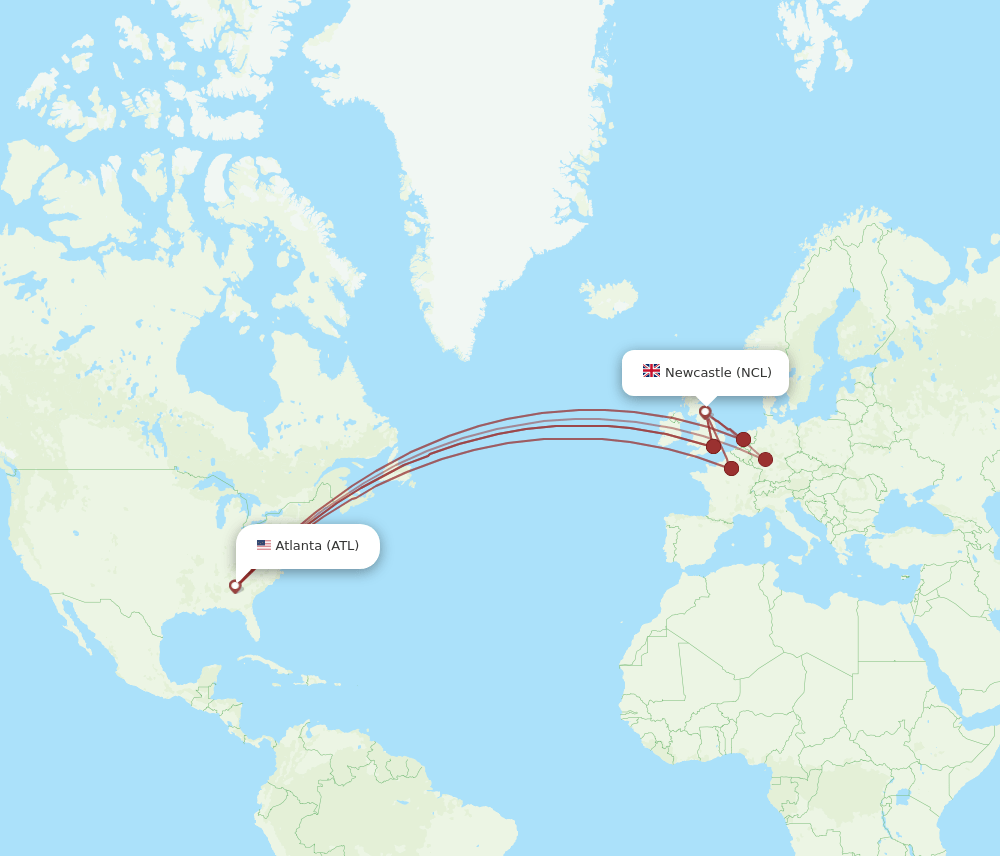 NCL to ATL flights and routes map