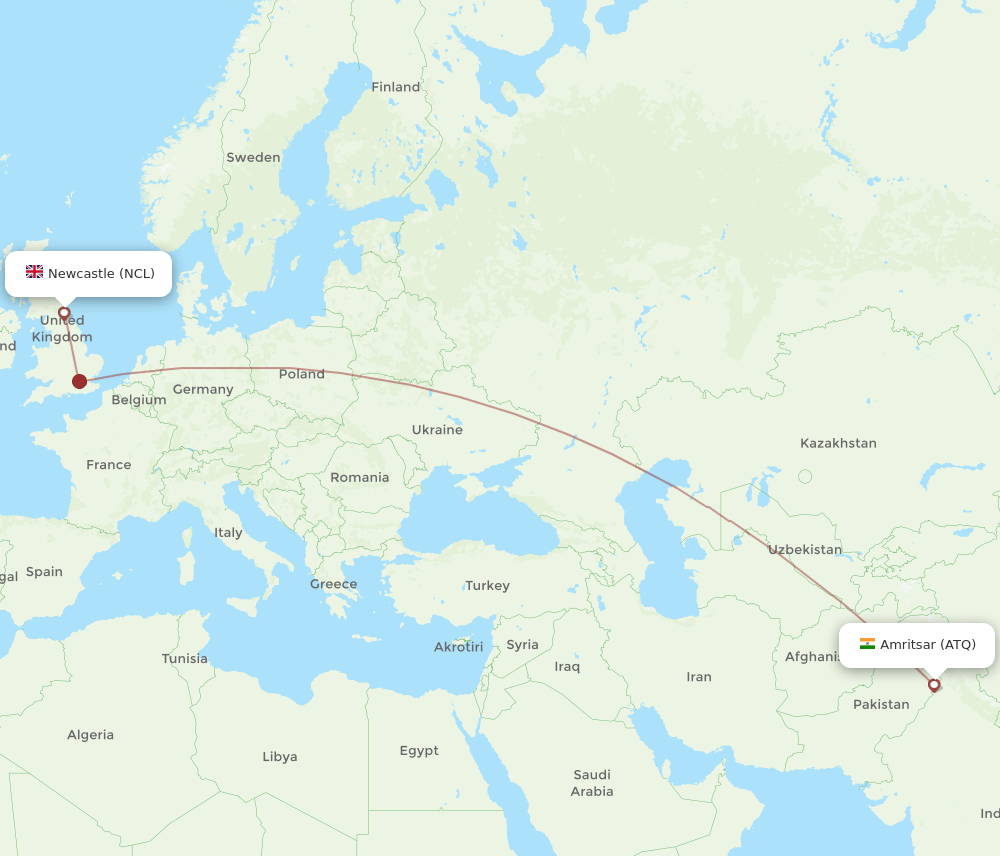 Newcastle - Amritsar route map and flight paths