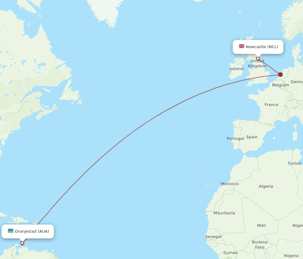 NCL-AUA flight routes