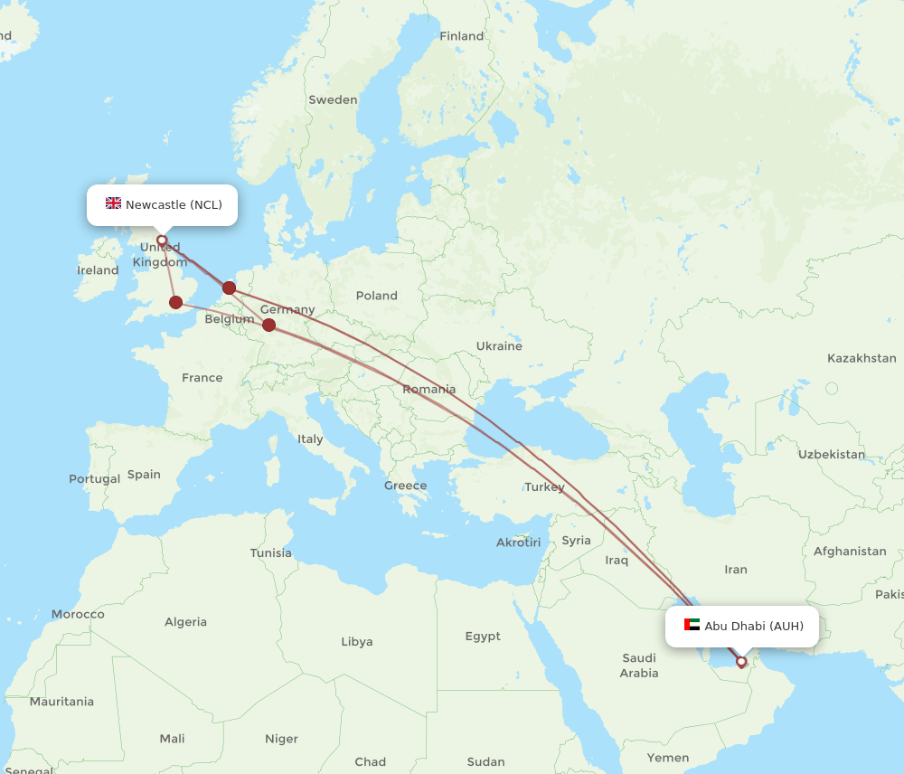 NCL to AUH flights and routes map