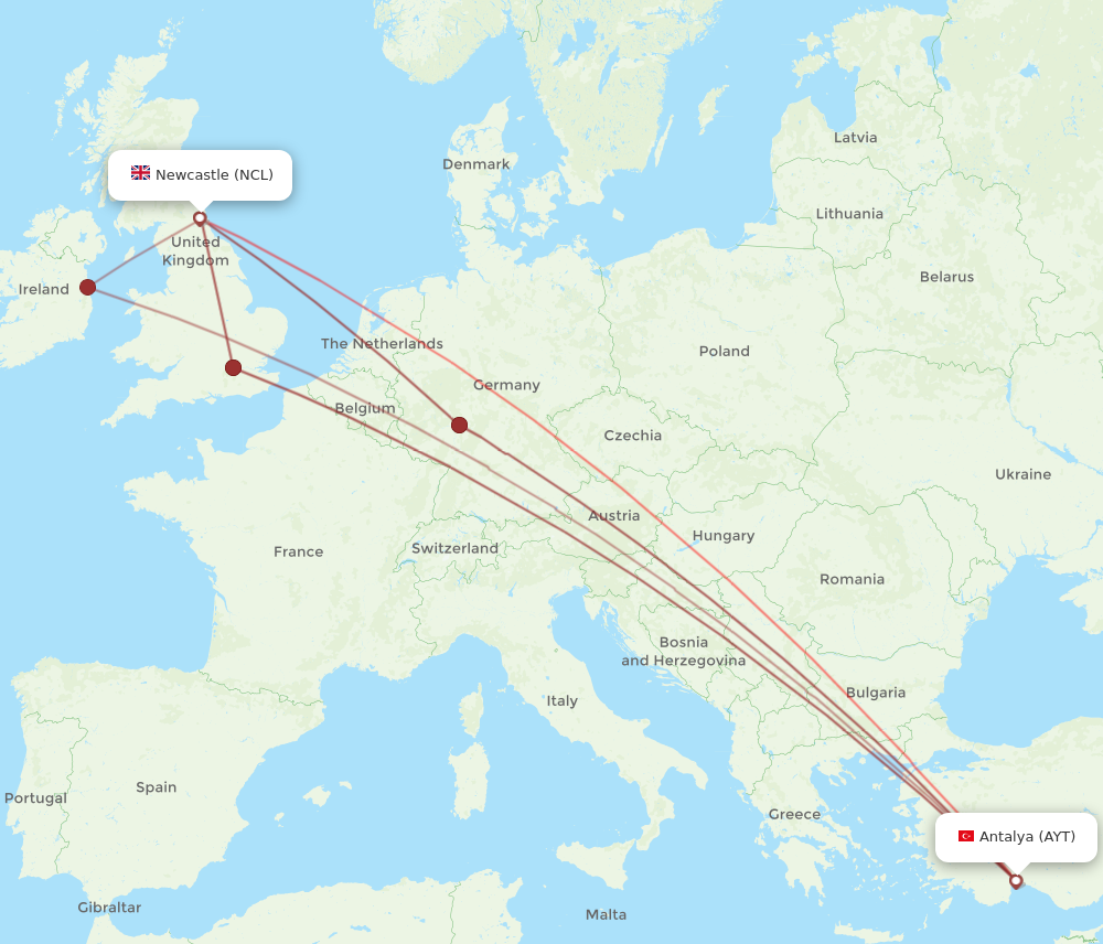 NCL to AYT flights and routes map