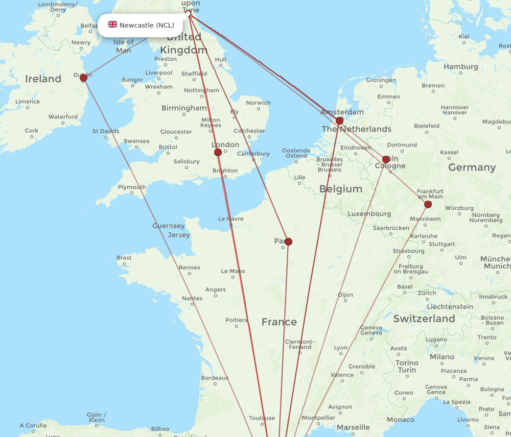 NCL to BCN flights and routes map
