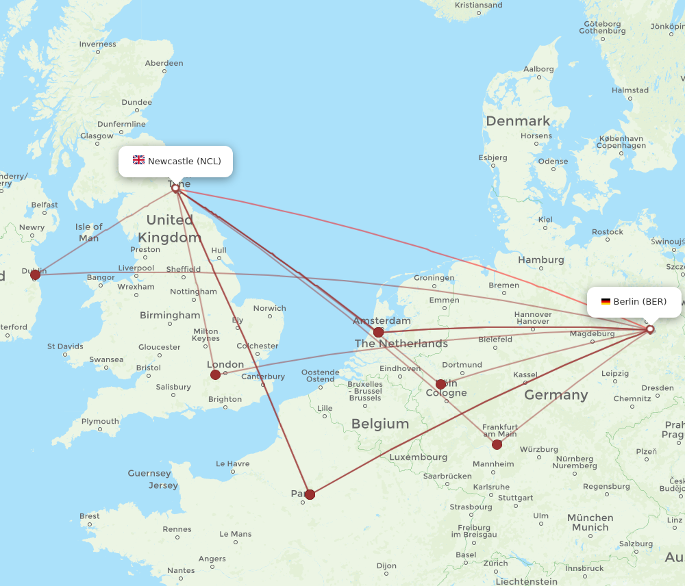 NCL to BER flights and routes map
