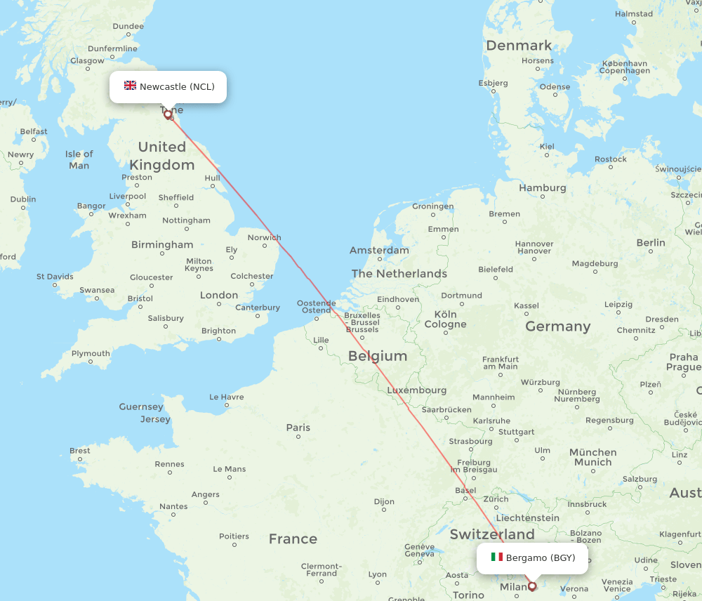 Newcastle - Milan route map and flight paths