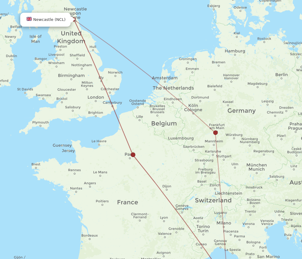NCL to BIA flights and routes map