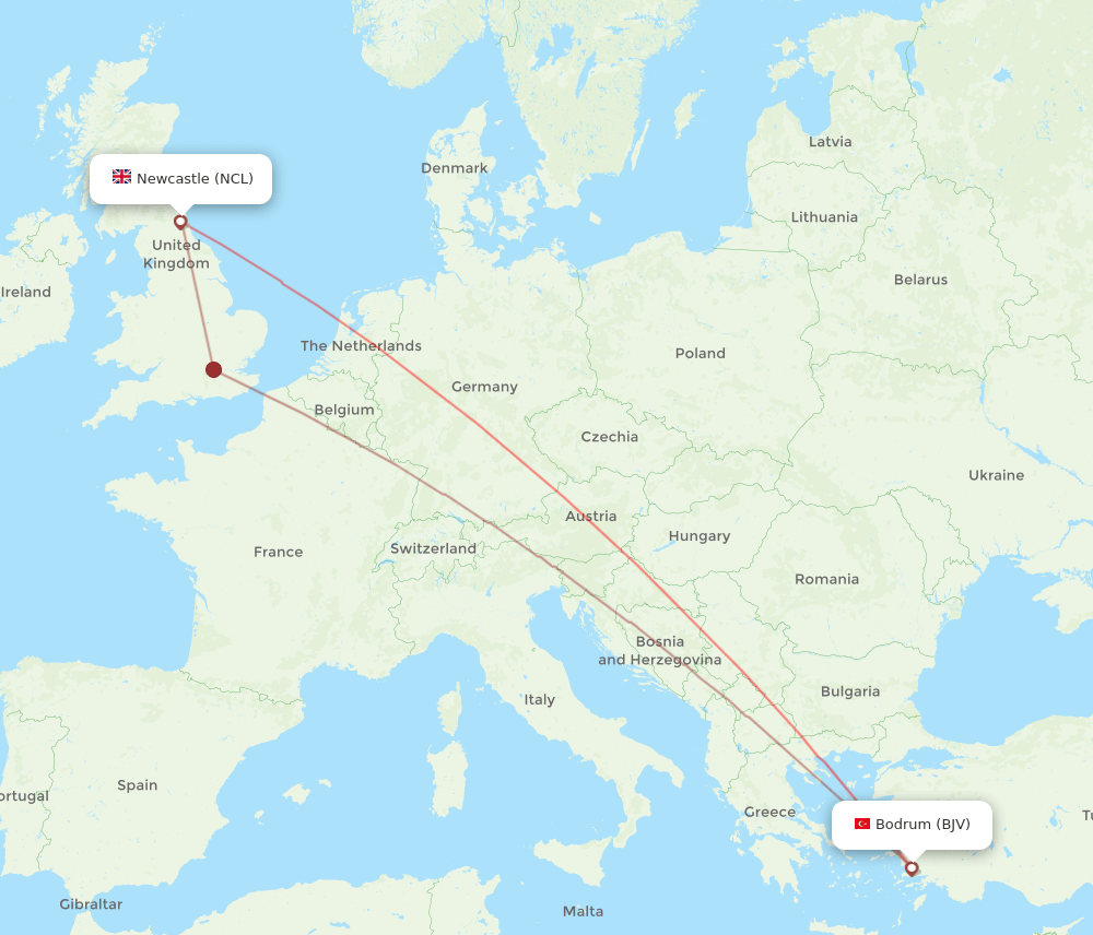 NCL to BJV flights and routes map