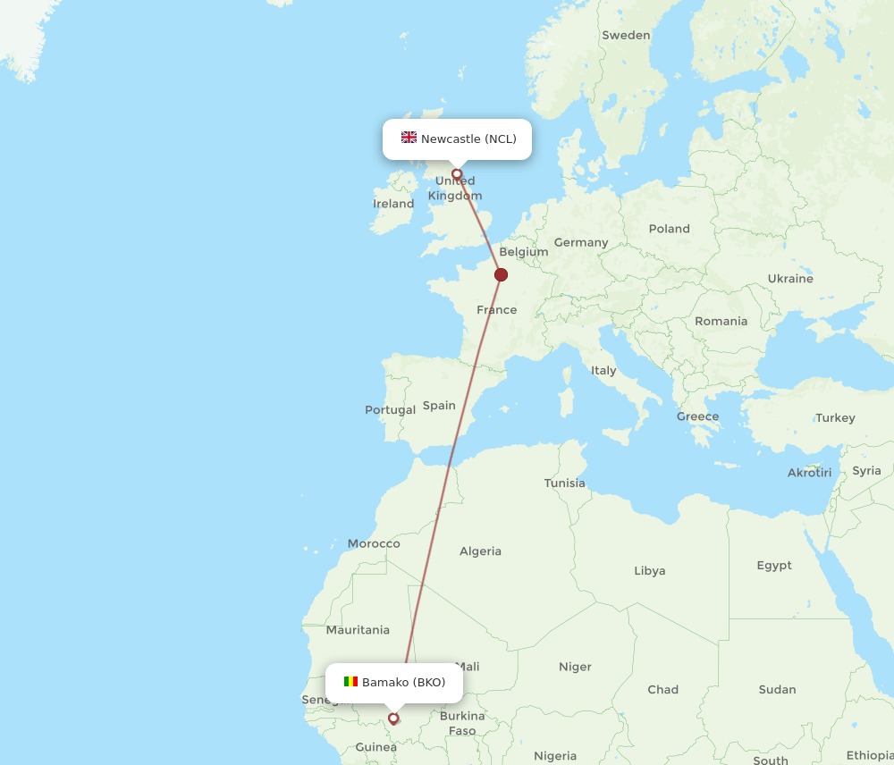 NCL to BKO flights and routes map