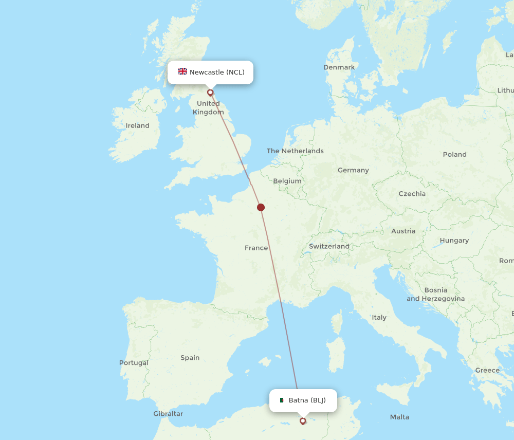 NCL to BLJ flights and routes map