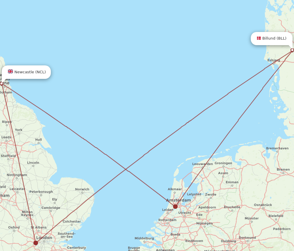 NCL to BLL flights and routes map