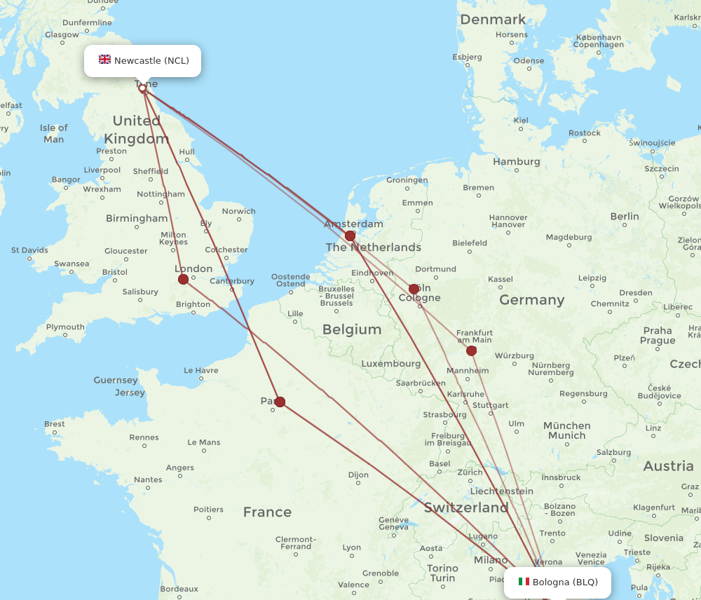 NCL to BLQ flights and routes map