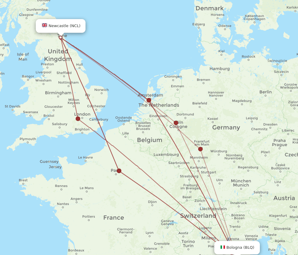 NCL-BLQ flight routes