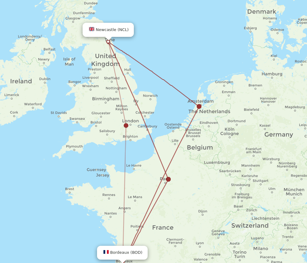 NCL-BOD flight routes