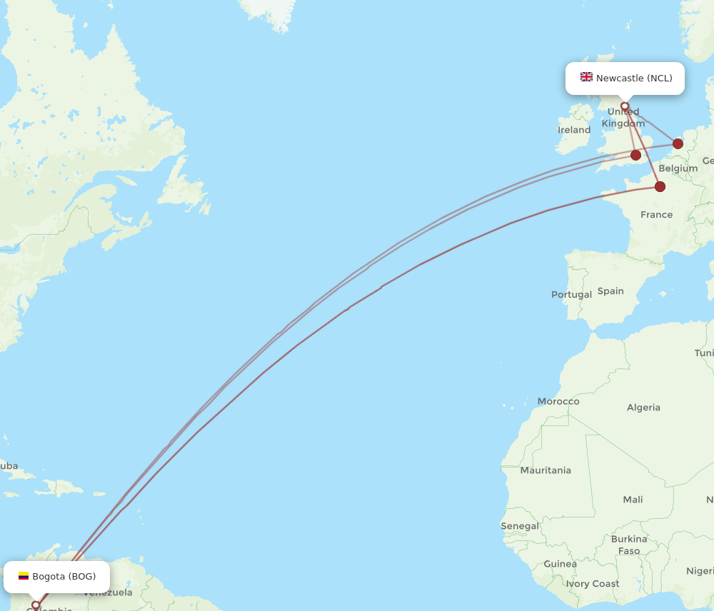 NCL-BOG flight routes