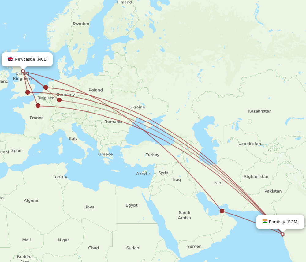 NCL to BOM flights and routes map