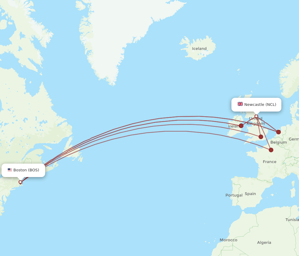 NCL to BOS flights and routes map