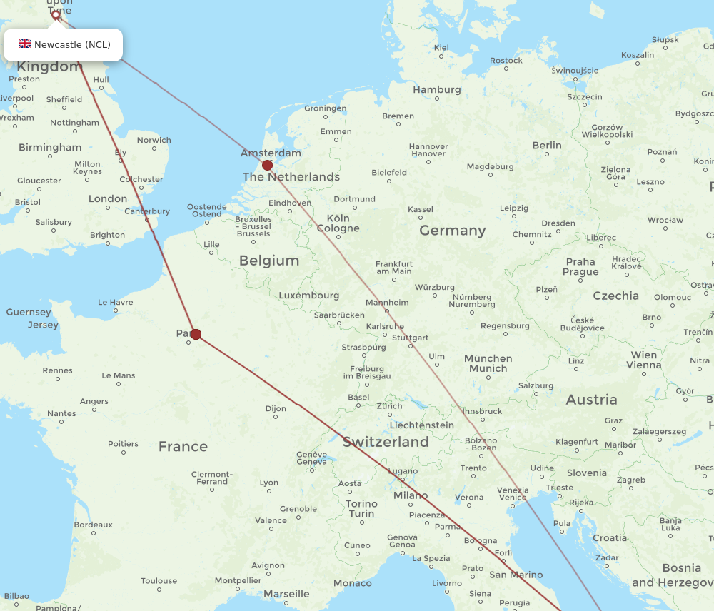 NCL to BRI flights and routes map