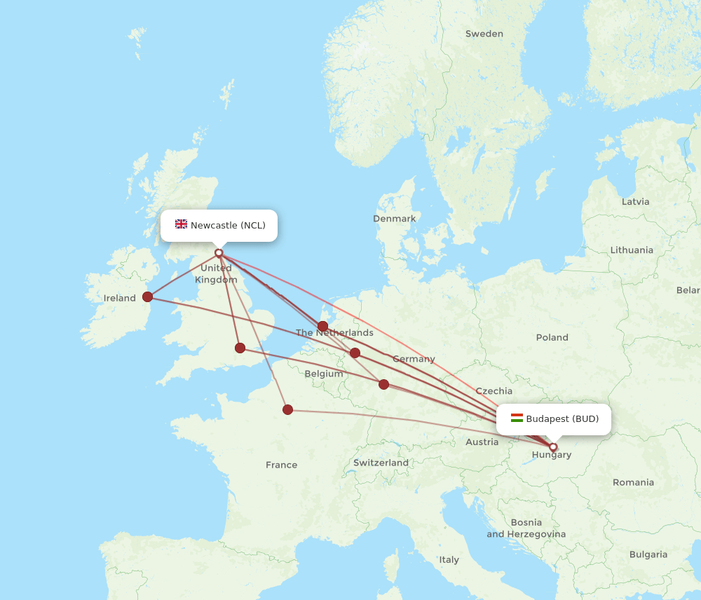 NCL-BUD flight routes