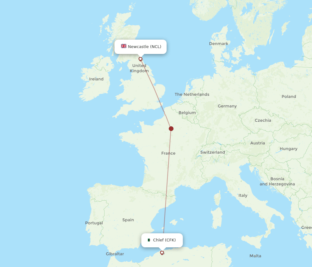 Newcastle - Chlef route map and flight paths
