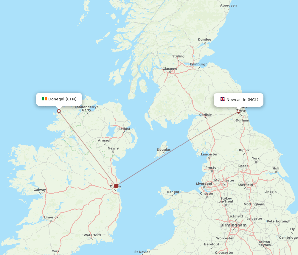 Donegal - Newcastle route map and flight paths