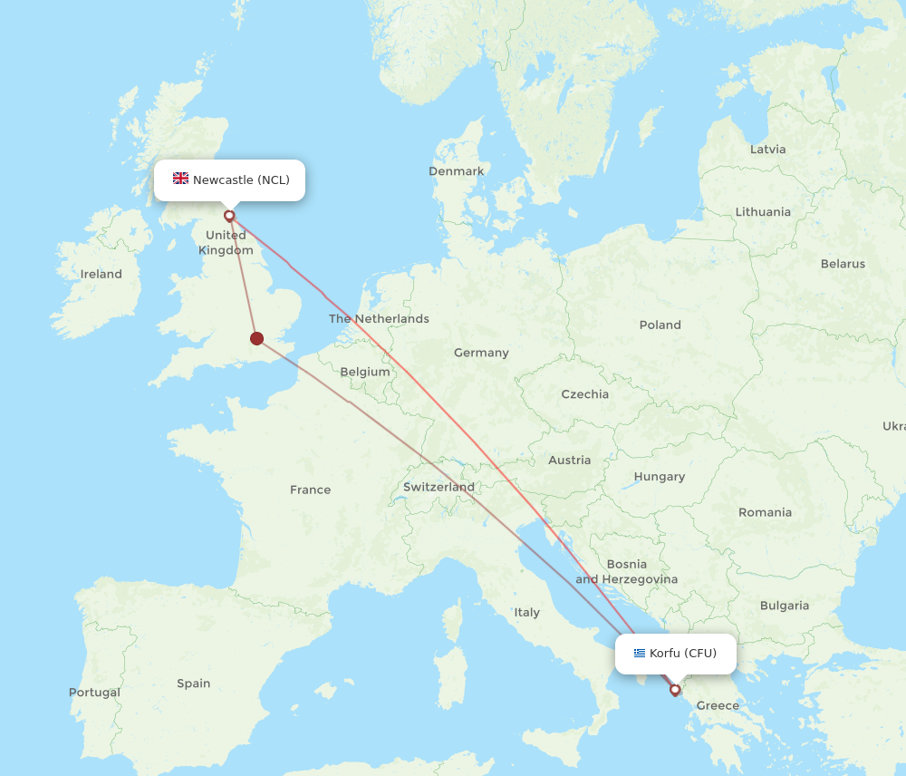 NCL to CFU flights and routes map