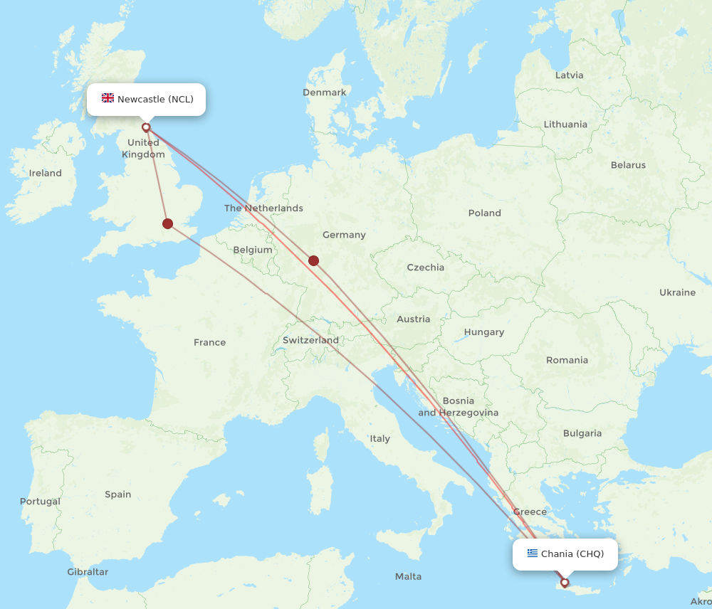 NCL to CHQ flights and routes map