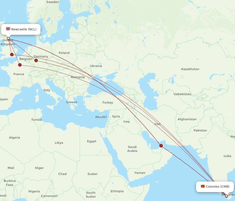 NCL to CMB flights and routes map
