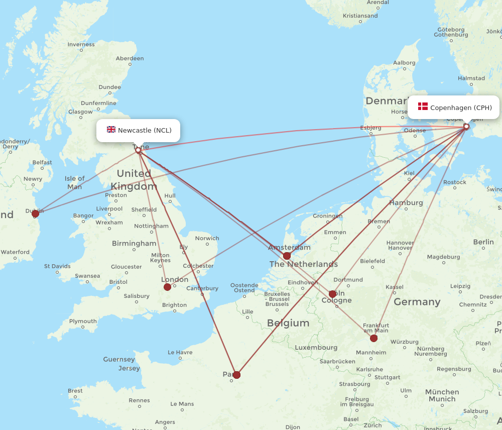 NCL to CPH flights and routes map