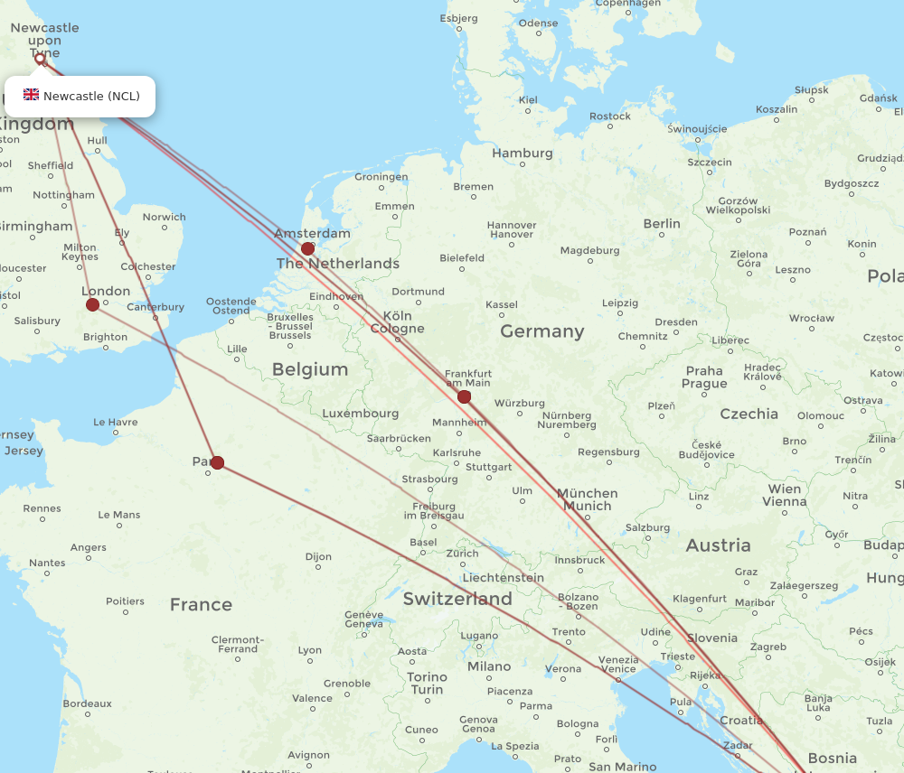 NCL to DBV flights and routes map