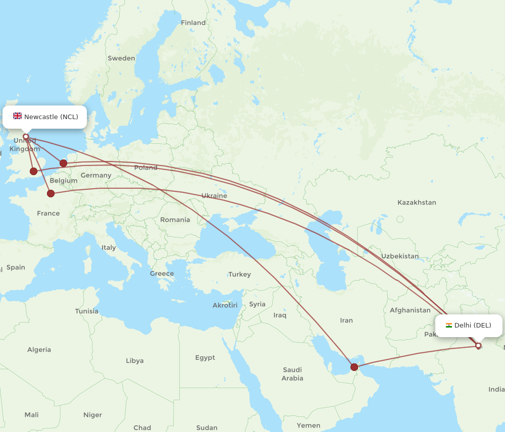 NCL to DEL flights and routes map