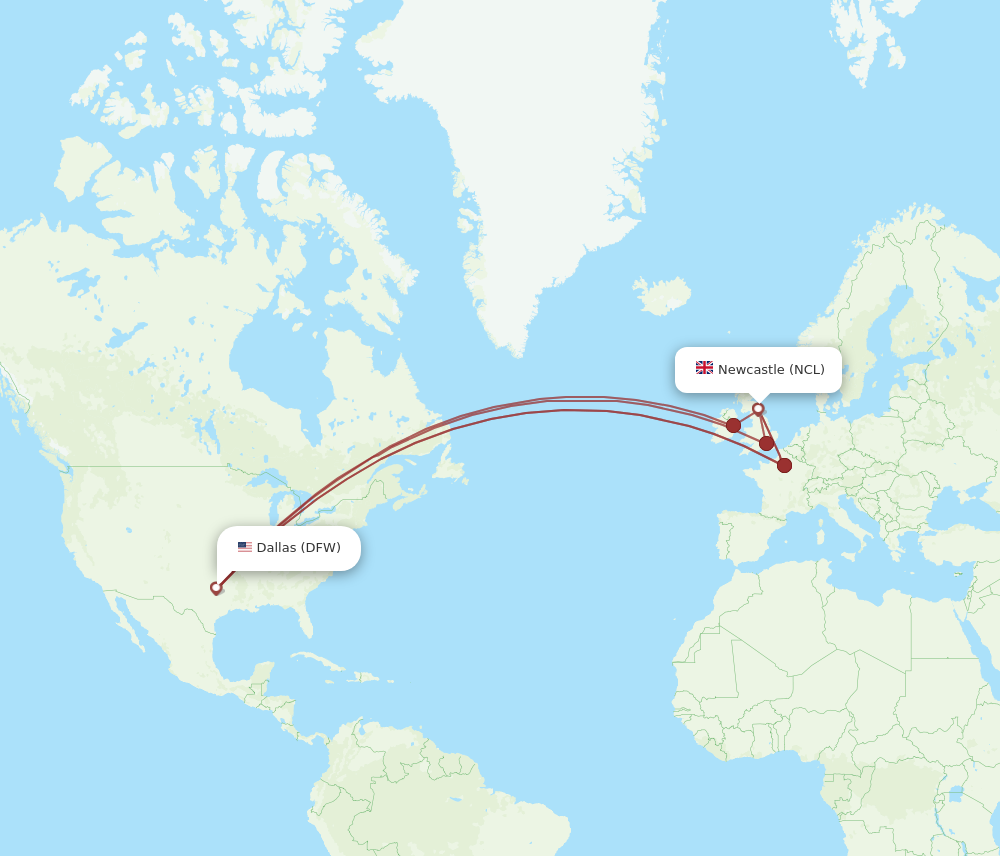 NCL to DFW flights and routes map