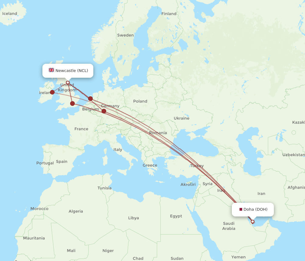 NCL to DOH flights and routes map