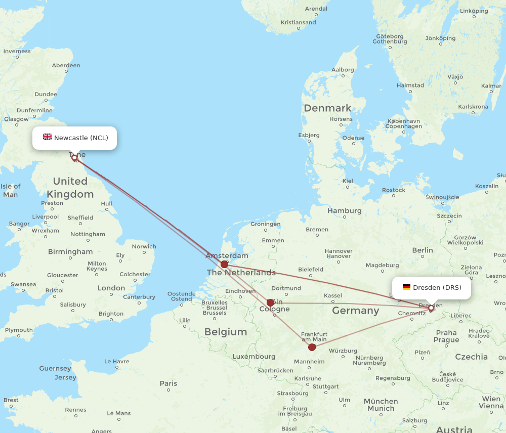 NCL to DRS flights and routes map
