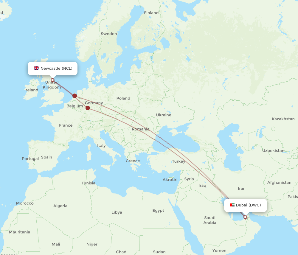 NCL to DWC flights and routes map