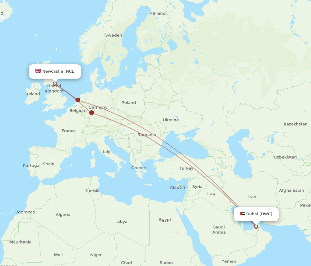 Newcastle - Dubai route map and flight paths