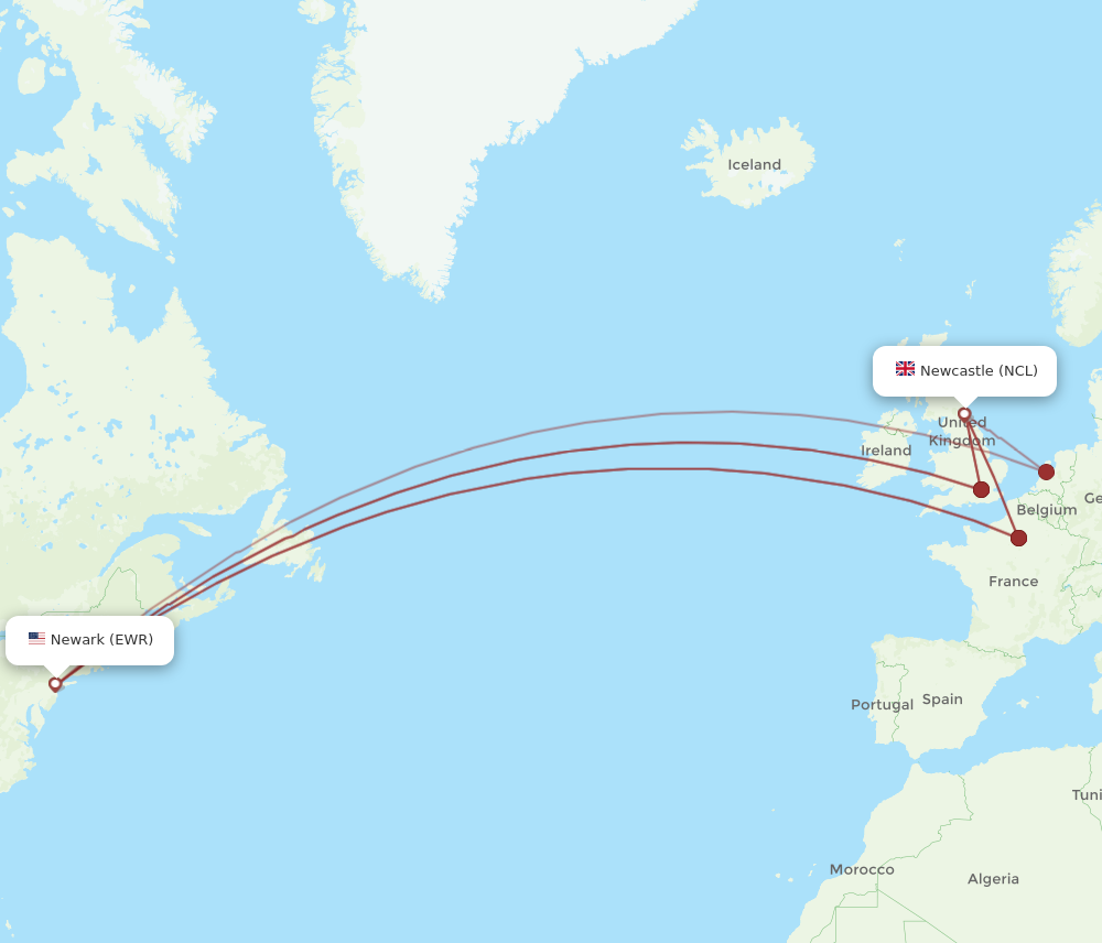 NCL to EWR flights and routes map