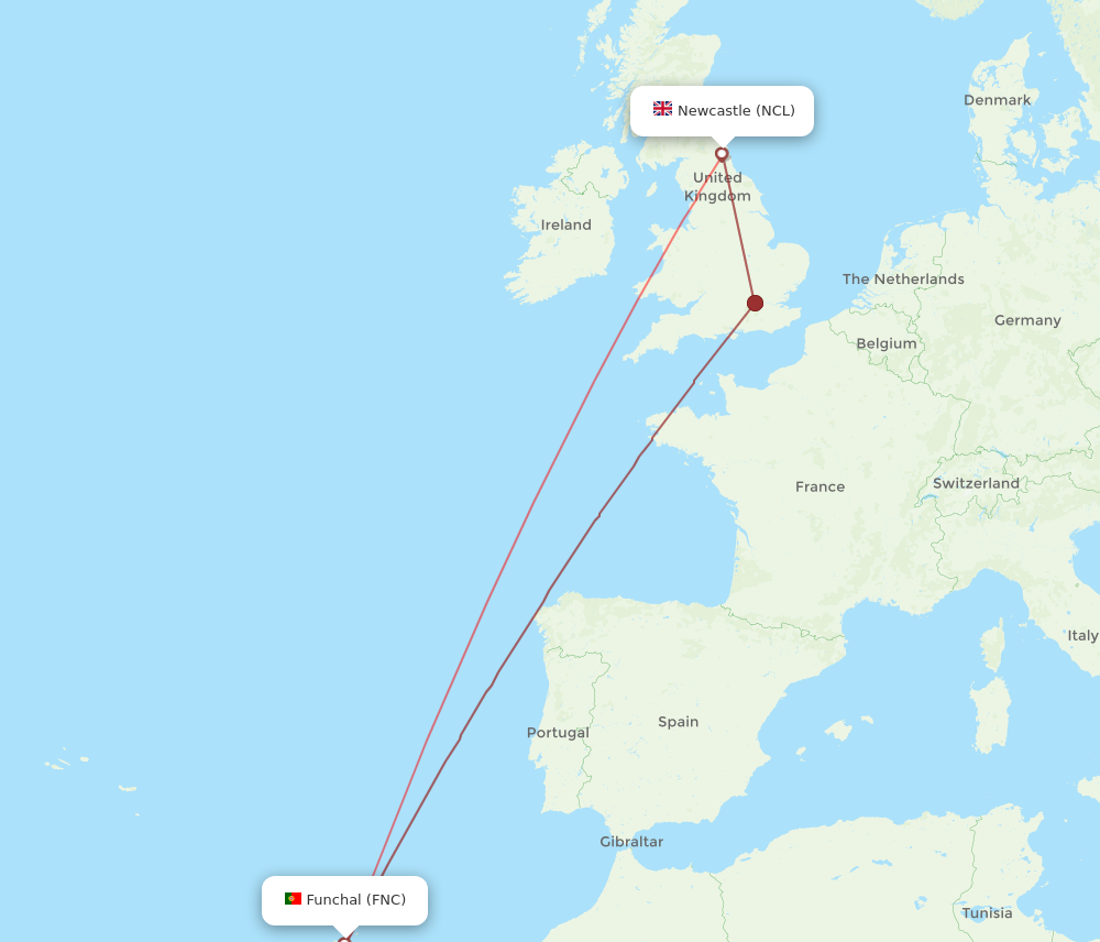 NCL to FNC flights and routes map