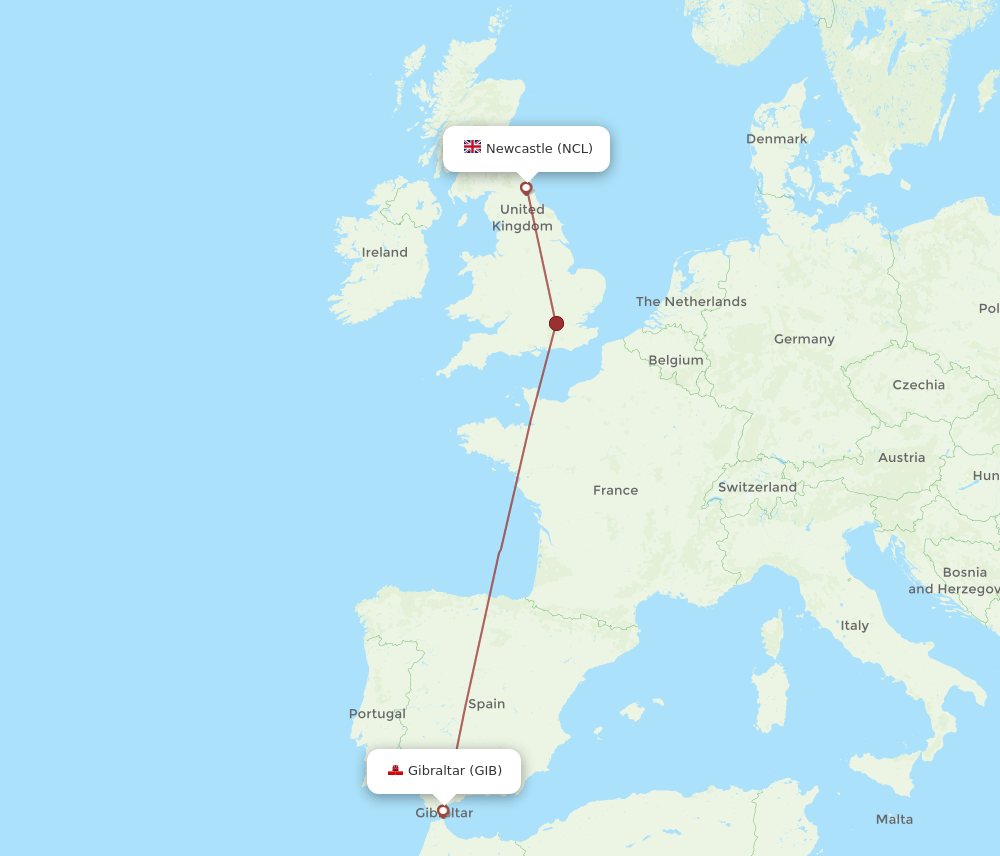 NCL to GIB flights and routes map