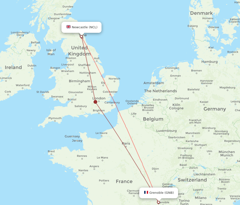 Newcastle - Grenoble route map and flight paths