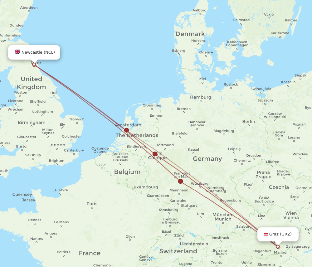 NCL to GRZ flights and routes map
